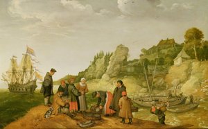 Pescatori che scaricano e vendono il loro pescato su una costa rocciosa da Adam Willaerts